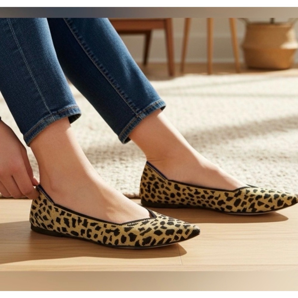 Rothy's The Point Leopard Print Pointed Toe Flats  6 Tan Black Animal Print
